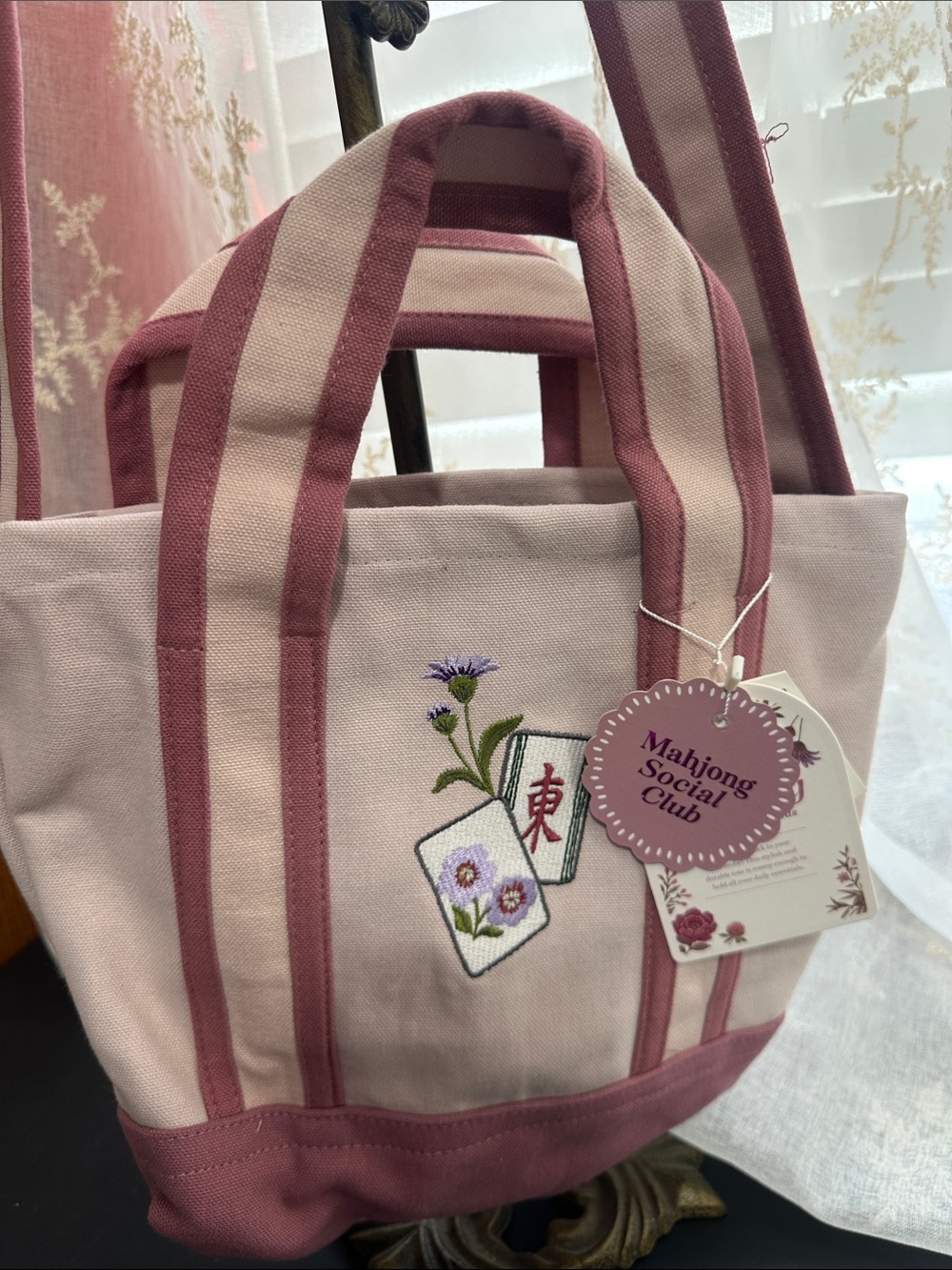 Mahjong social club rose pink cotton canvas tote bag with shoulder strap